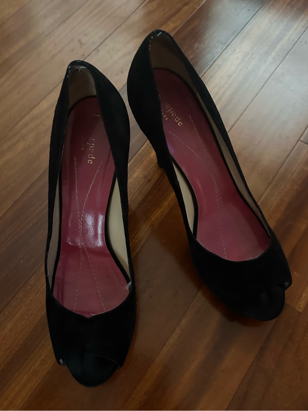 kate spade Black Peep-Toe Suede Heels with Pink Insole